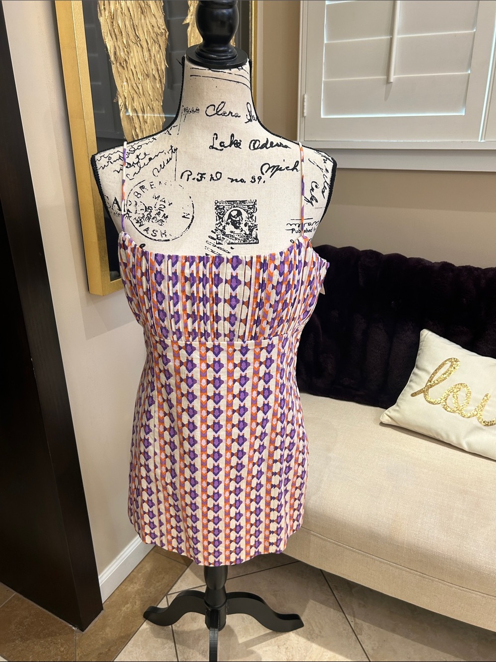 Anthropologie Purple and Orange Geometric Strappy Mini Dress fully lined